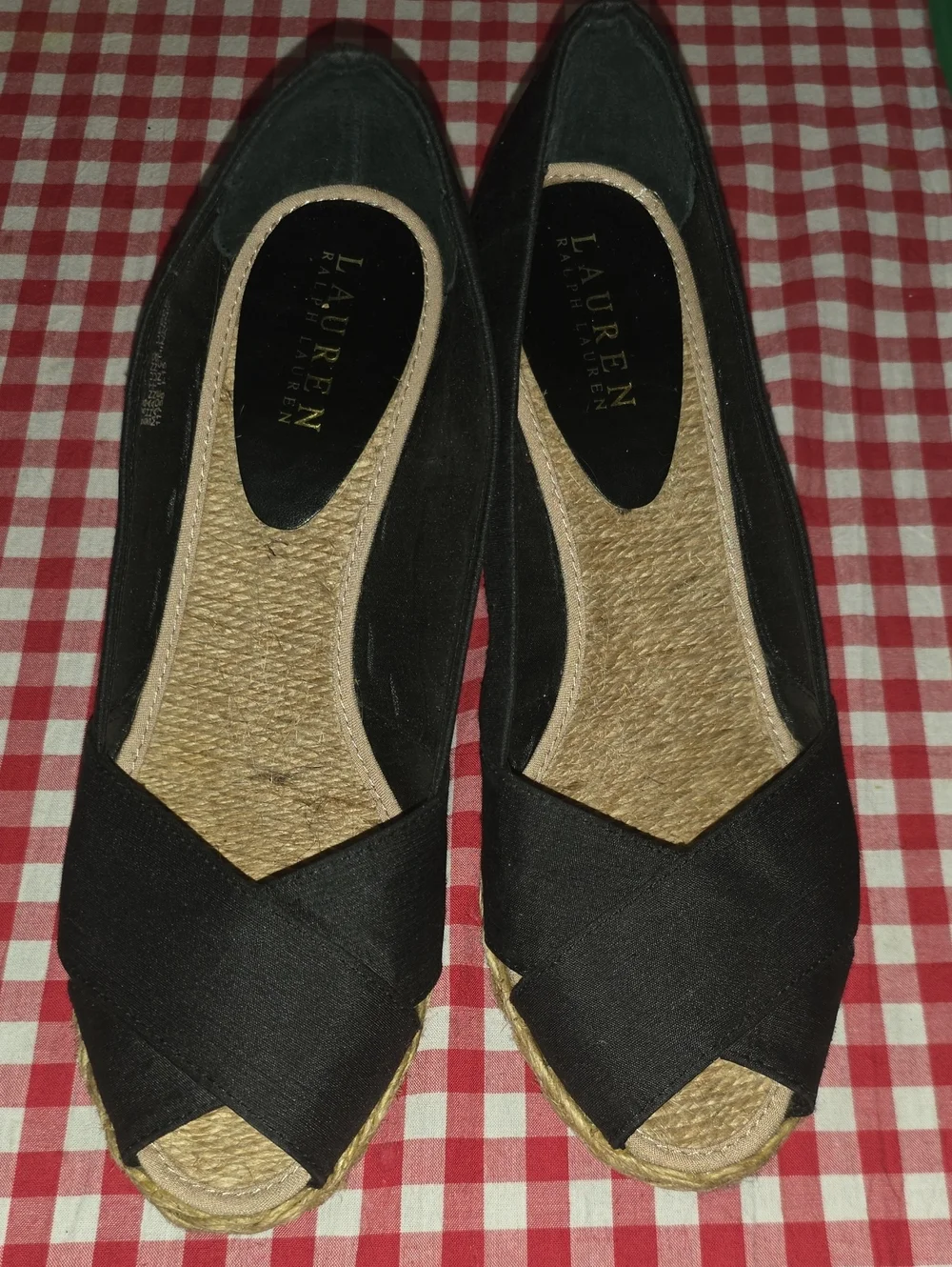 Lauren Ralph Lauren Black Espadrille Wedge Peep Toe Shoes Women's Size 8.5